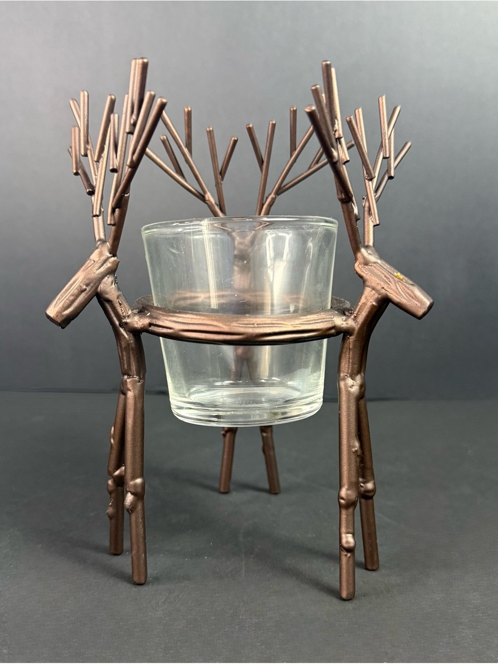 Yankee Candle Deer Votive Candle Holder Bronze Brown Metal Clear Glass Antlers